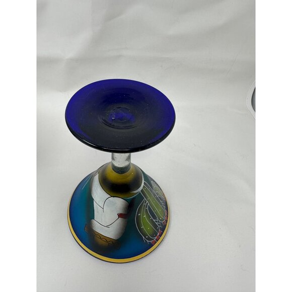 2 Hand-Painted Mexican Blown Glass Margarita Glasses Cactus Sleeping Man  Blue - Picture 15 of 16